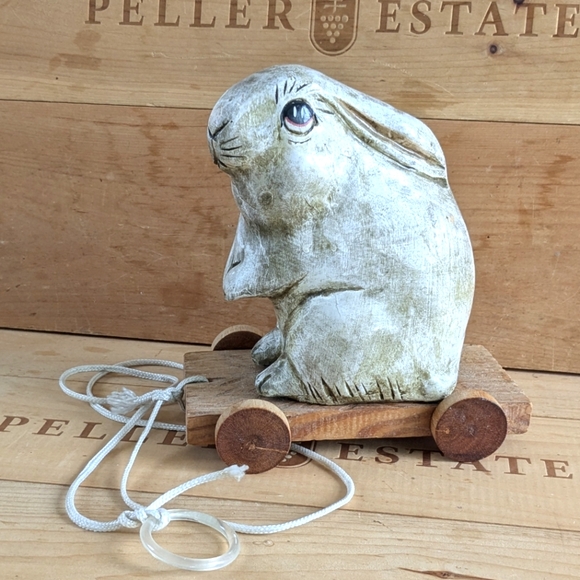 Vintage Wood Carved Hand Painted Rabbit Pull Toy - Picture 1 of 7